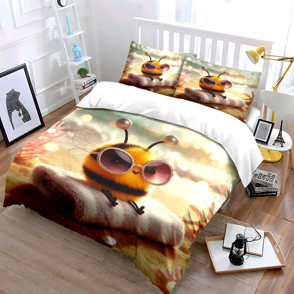 Cute bee with sunglasses on beach Print Bedding Set 1 Duvet Cover 2 Pillowcases for Adult and Children Luxury Gift Full Size