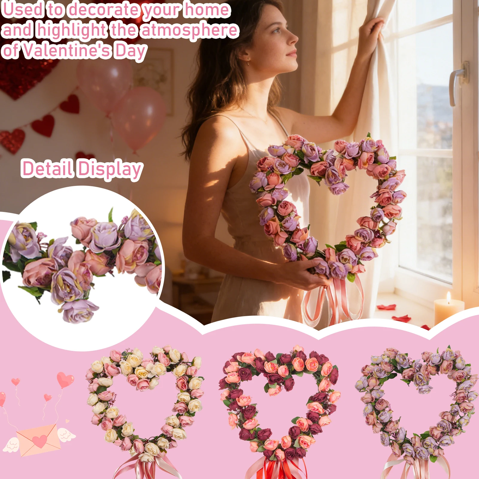 

Romantic Colorful Artificial Flowers Heart Shaped Wreath Wedding Valentine's Day Anniversary DIY Decor Door Hanger Wall Decor