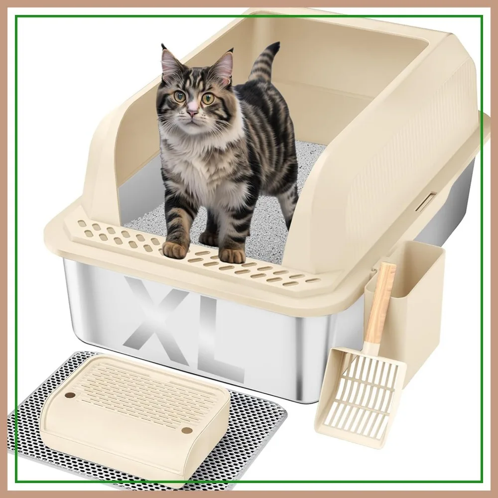 Stainless Steel Cat Litter Box with Lid, Extra Large, High Sides, Anti-Leak, Non-Stick, Easy Clean, Includes Scoop, Mat, Beige