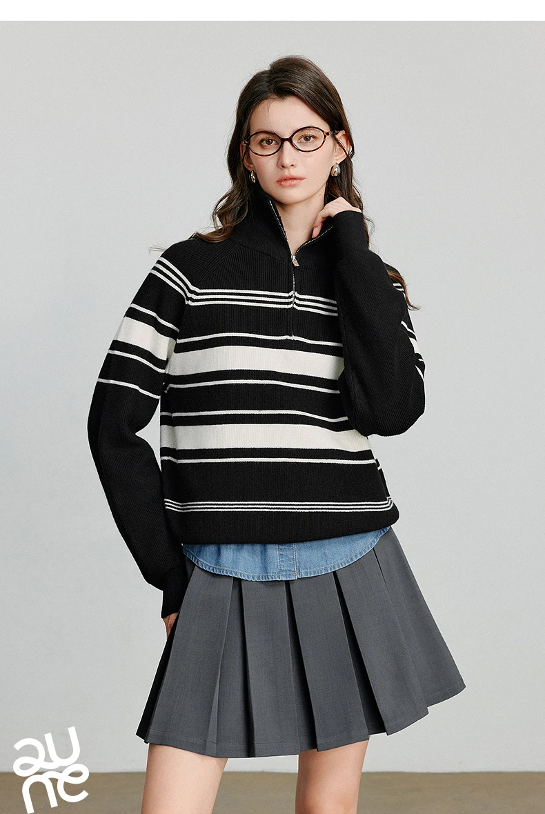 TOYOUTH Women Knitted Sweater 2026 Autumn New Fashionable Style Striped Zipper High Collar Woolen Pullover Sweater Tops