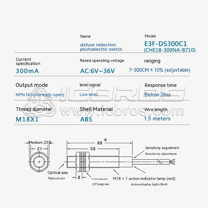 Engineering Vehicle Washing Infrared Photoelectric Switch Diffuse Reflection E3F-DS300C1 Three Wire NPN Normally Open 3 Meters