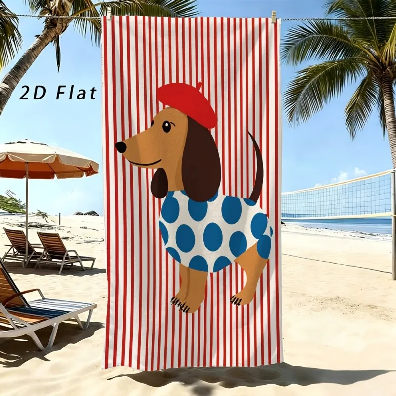 Dachshund With Red Beret Red White Vertical Stripe Beach Towel Quick Dry Absorbent Microfiber Towel For Beach Pool Swimming