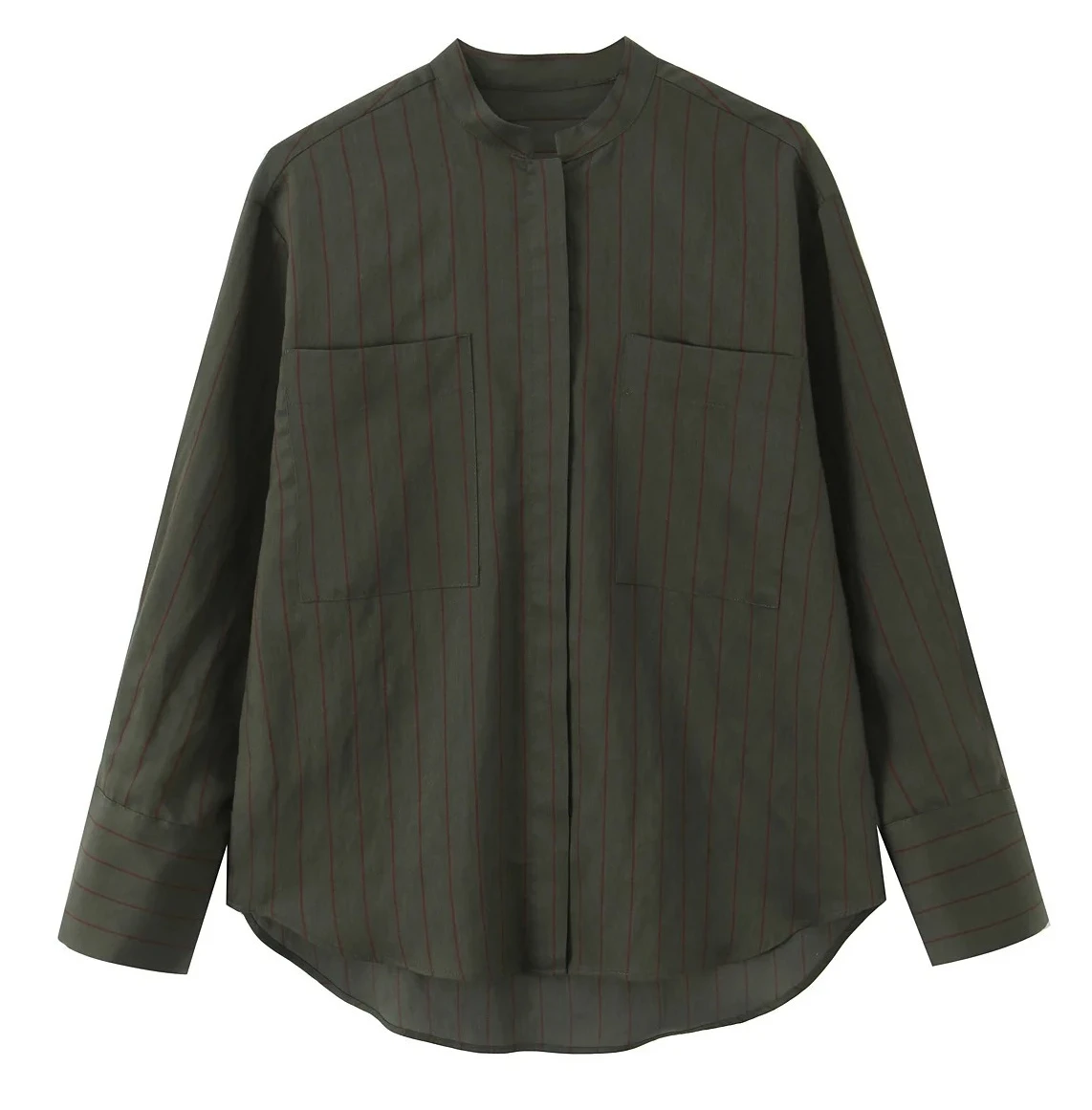 Novo estilo casual feminino assimétrico bainha arredondada manga longa listrado gola camisa