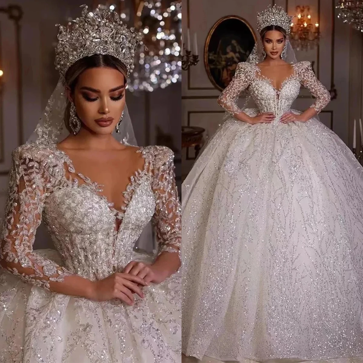 Luxurious Handmade Lace Crystal Bead Decoration Women's Wedding Dress Sexy V-Neck Long Sleeved Auditorium Bridal Gown Customized
