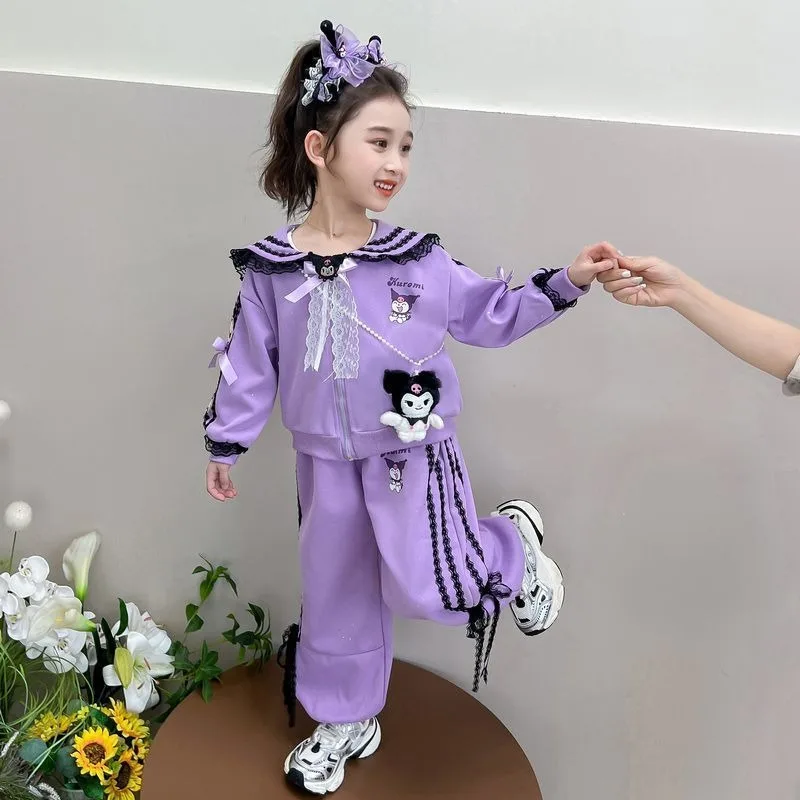 Sanrio Girls Kuromi Suit Spring and Autumn Fashion New Children's Style Sweatshirt Casual Two-piece Set Girls Holiday Gift