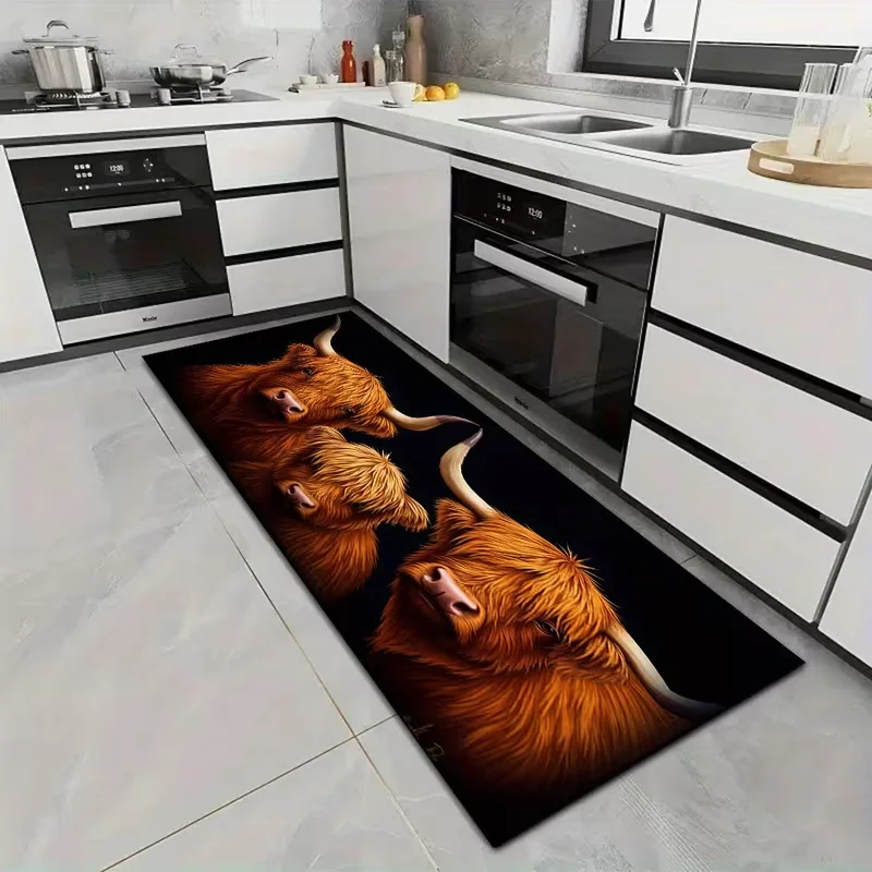 2D Highland Cow Print Long Carpet Non Slip Soft Absorbent Durable Floor Mat for Kitchen Living Room Bedroom Entryway Home Decor