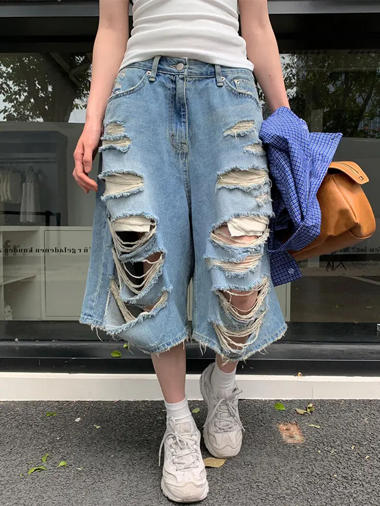 

Американские рваные семиточечные джинсы High Street, новые осенние свободные широкие брюки с дырками, мешковатые джинсы с высокой талией, женские