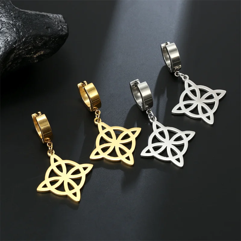 Boucles d'oreilles pendantes en acier inoxydable punk pour femmes et hommes, boucles d'oreilles créoles d'oreille, pendentif lame nœud sorcière, bijoux piercing hip hop, vente en gros