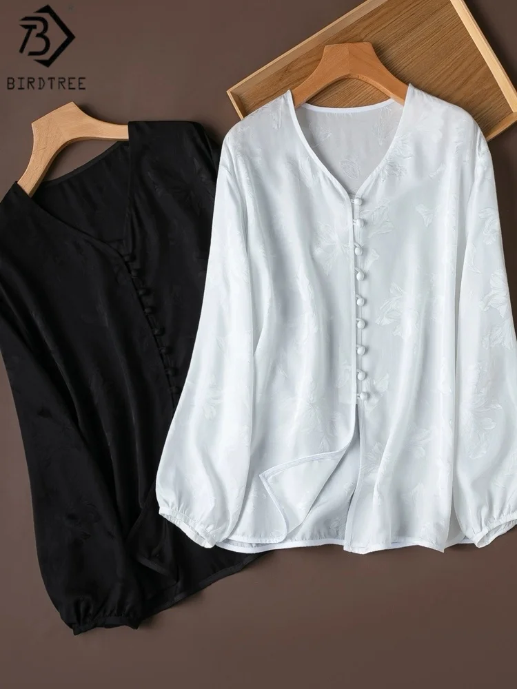 Birdtree 20MM 100% Silk Solid Shirt, Women Jacquard Satin Lantern Sleeves V-neck Single Breasted Blouse, 2026 New T58218JF