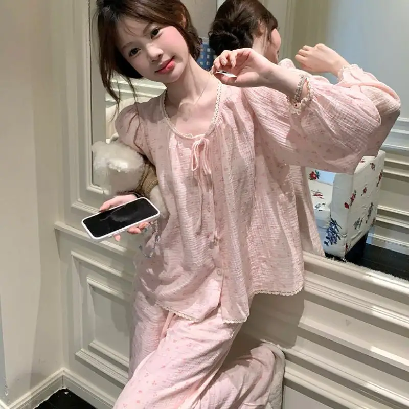 Sweet Cute Teen Spring and Autumn New Pajamas Lace Edge Women's Floral Long Sleeve Pants Home Clothes Student Set Comfortable