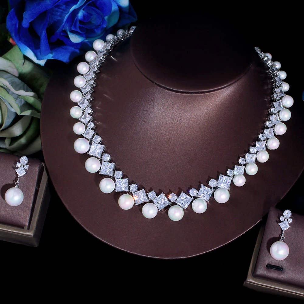ThreeGraces Luxury Sparkling Square Zirconia Big Simulated Pearl Bridal Wedding Party Statement Jewelry Set for Women T1076