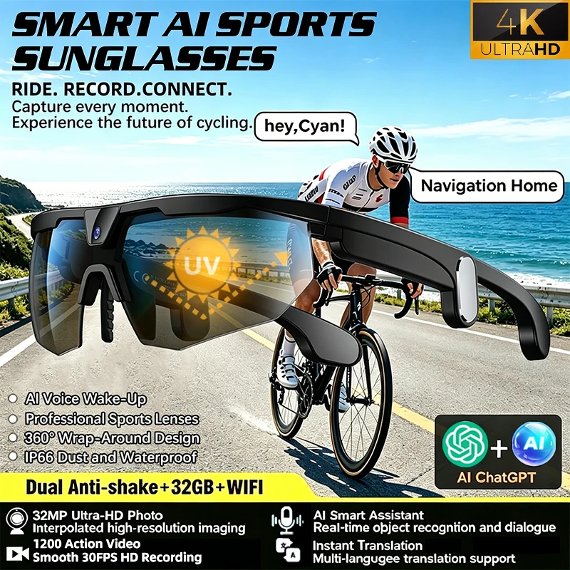 

2026 AI Smart Glasses 800W HD Anti-shake Camera IP66 Waterproof AI Voice Wake-up AI Translation Four-in-one Cycling Glasses