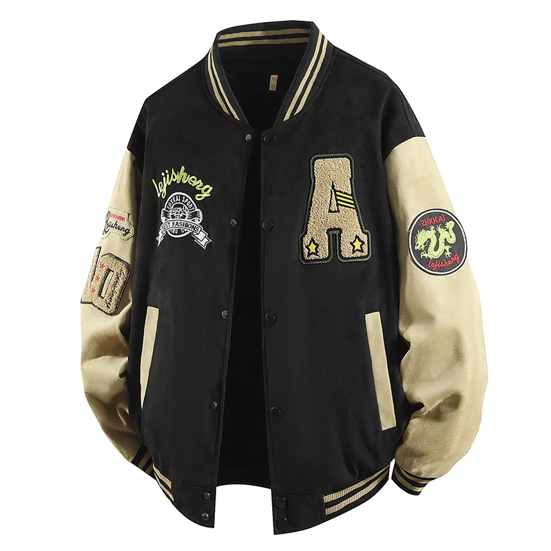 Chaqueta universitaria bordada de gamuza de Hip Hop para hombre, chaqueta de béisbol de manga larga con gráfico de letras y bloques de Color, abrigo Bomber