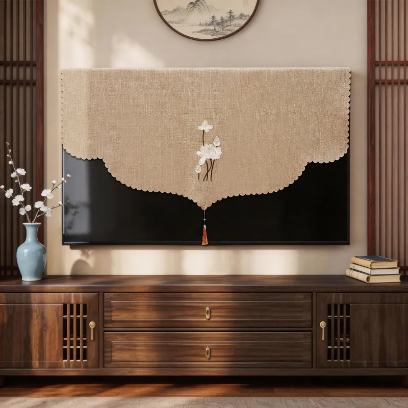 Neo-Chinese Fabric TV Dust Cover, Lotus Embroidery Decor Cloth, Foldable & Customizable For Household Television