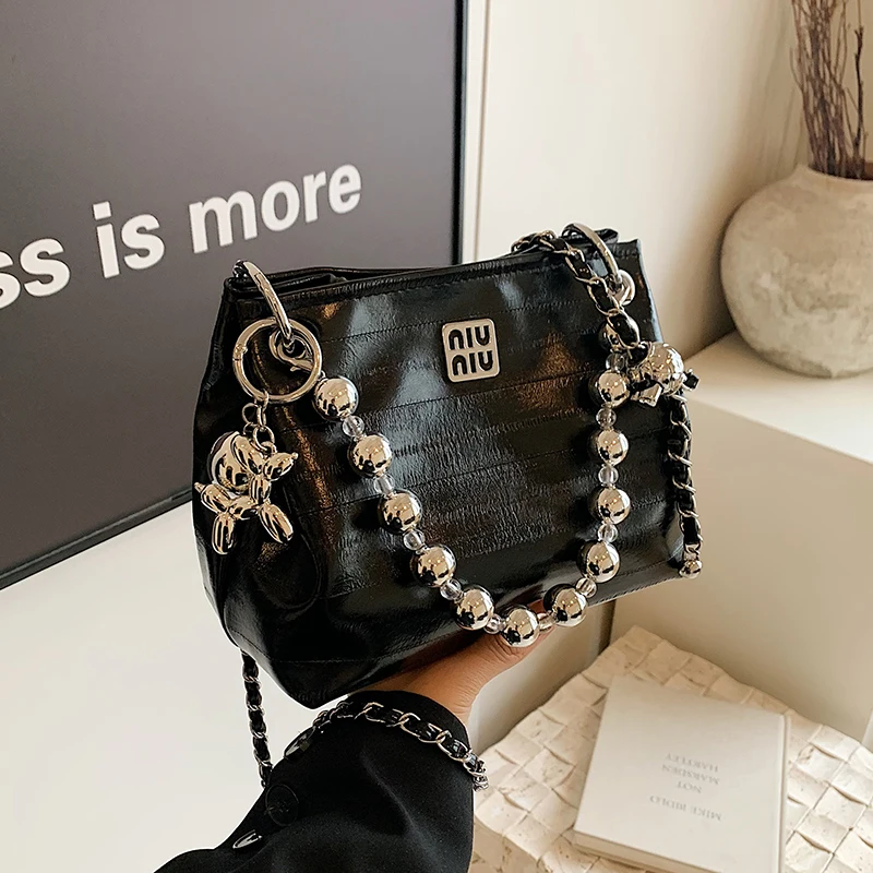 Trendy Silver Handbags Women's Bags Beads Chains Shoulder Crossbody Bag Ladies Hand Bags Aesthetic Buckets Bag With Pendents Hot