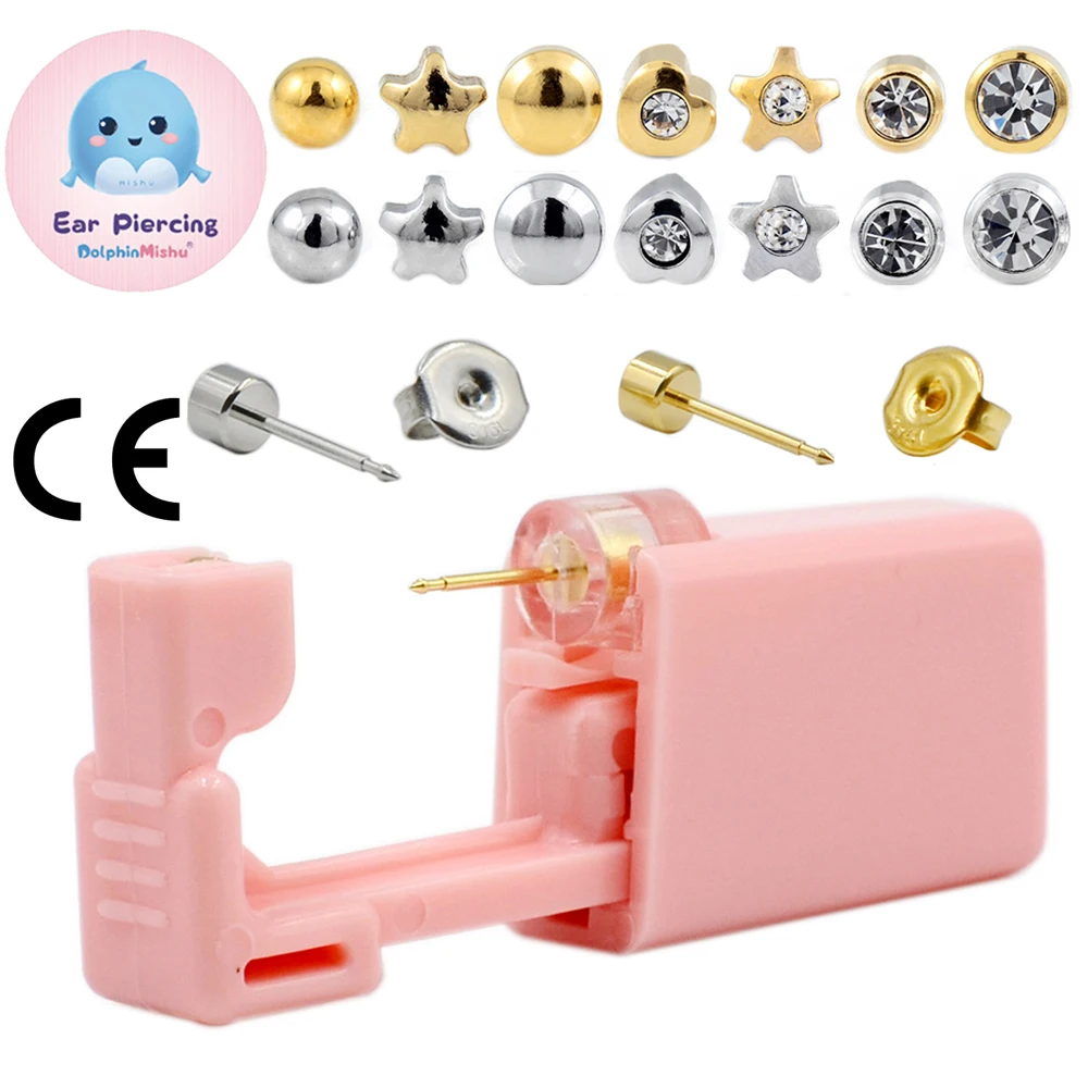 1 unidad de perforación de oreja desechable Mishu rosa, acero inoxidable 316L, tachuelas de Color plateado, paquete esterilizado, Kit de perforación