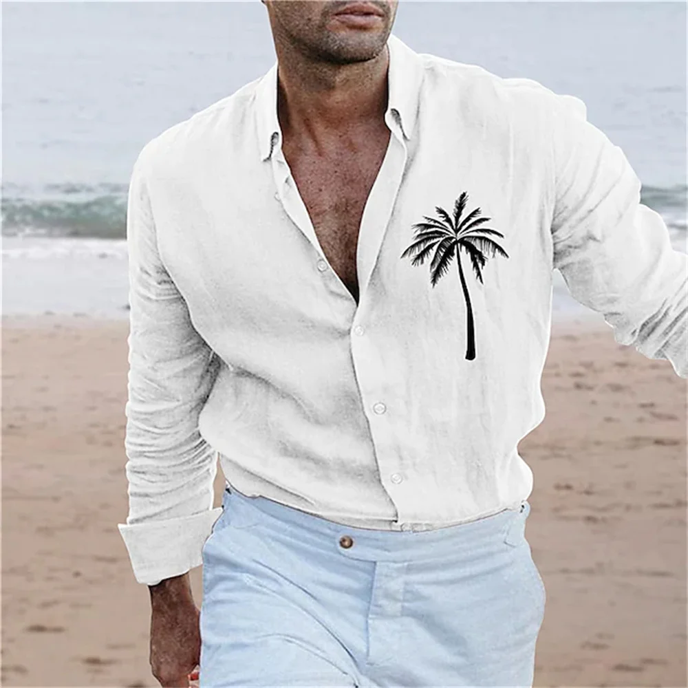 Camisa hawaiana de manga larga con estampado gráfico de árbol de Coco para hombre, ropa con botones, informal, fresca, moda de verano, nuevo estilo