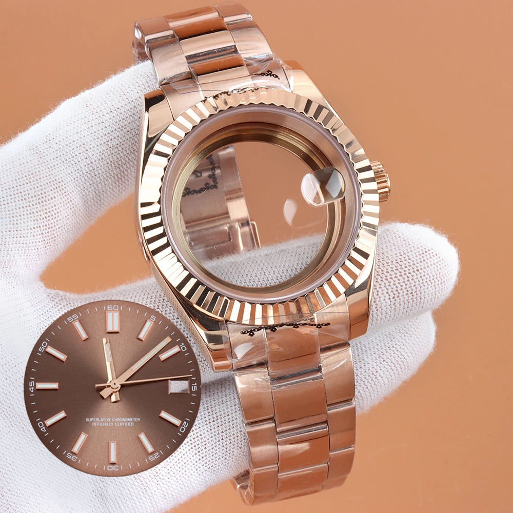 

39mm 36mm Rose Gold Watch Case With 28.5mm Dial Hands Blue Luminous For DATEJUST NH35 NH36 Movement Waterproof Oyster Bracelet