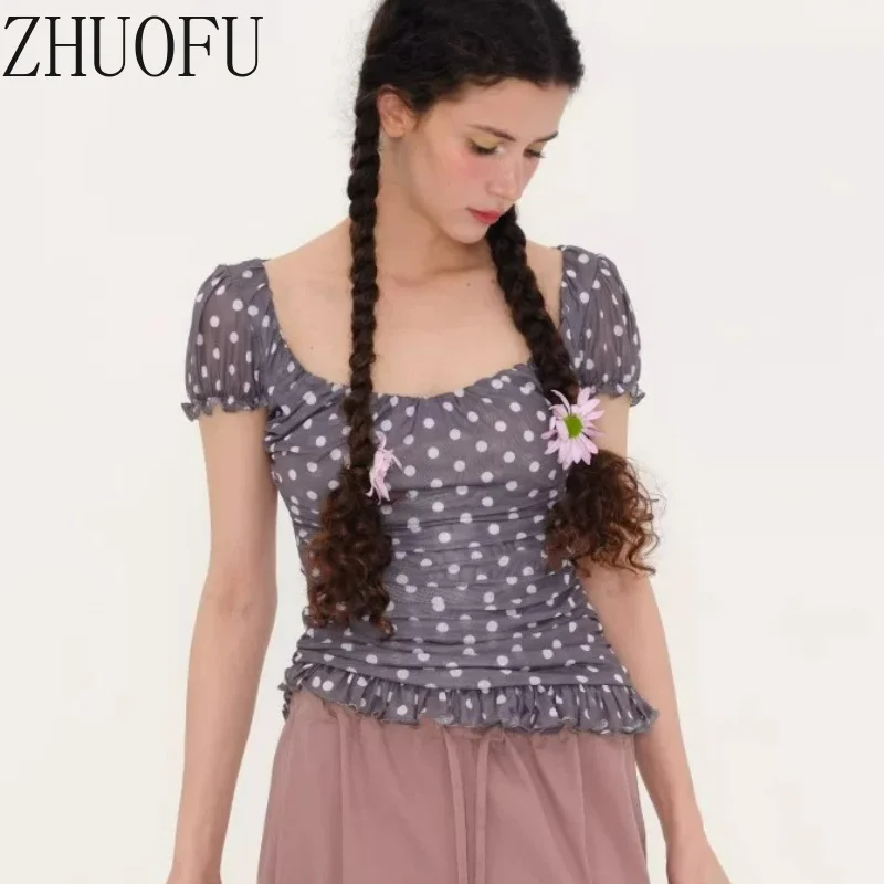 Original Sweet Cool Polka Dot Printed Women's Top 2026 New Elastic Mesh Yarn Wrinkled Round Neck Short-sleeved T-shirt Ladies