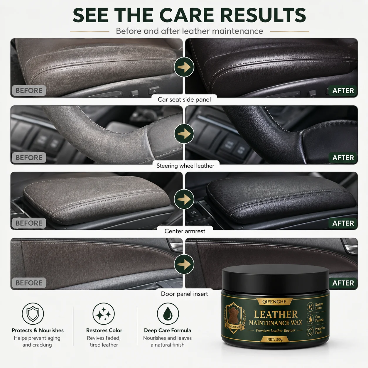 QIFENGHE Leather Conditioner Wax Restore Gloss Long Lasting Protection For Automotive & Household Leather Items