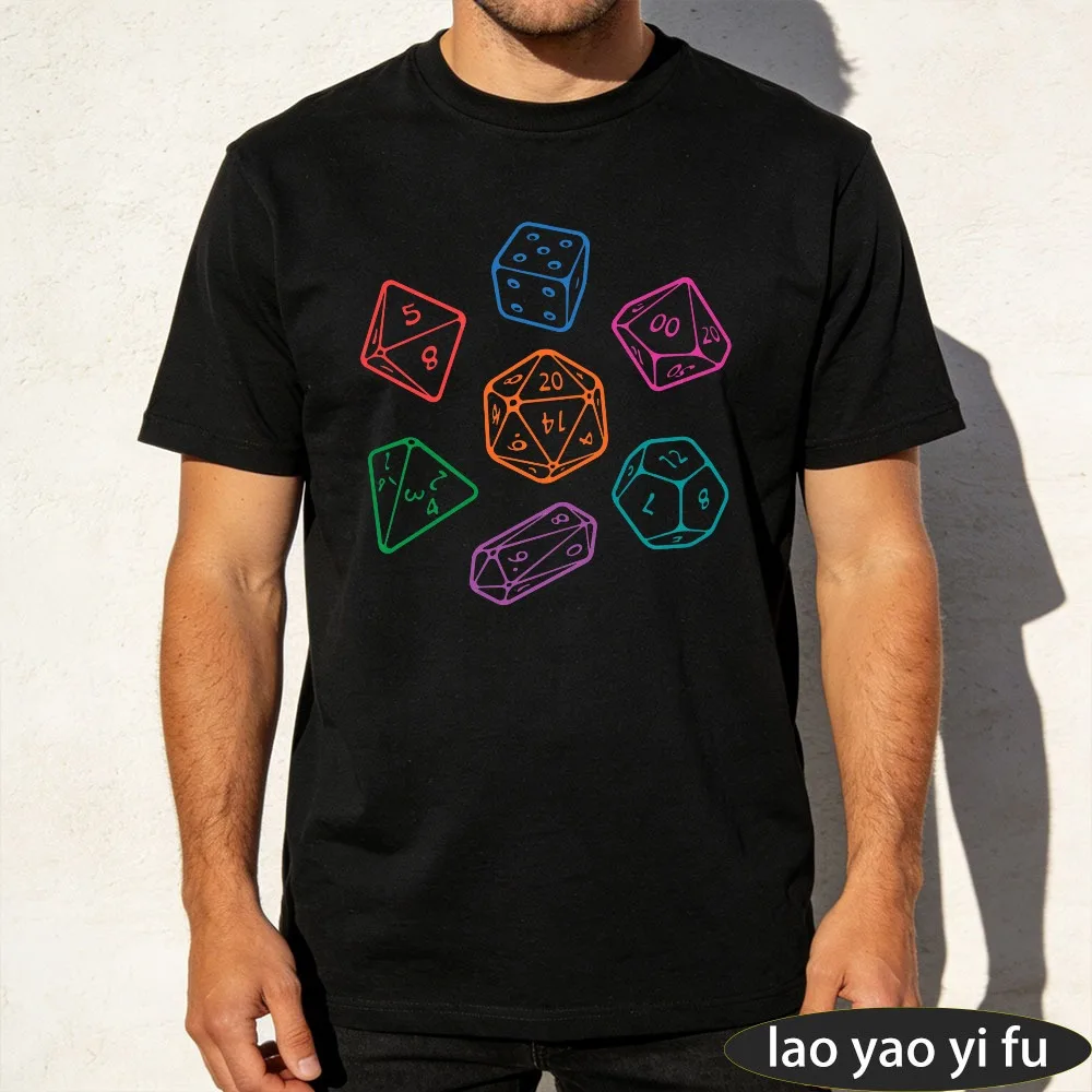 Retro Rainbow Polyhedral Dice Collection Print T-Shirt Men's Casual Gamer Short Sleeve D&D RPG Gamer Gift Tee Cotton Shirt