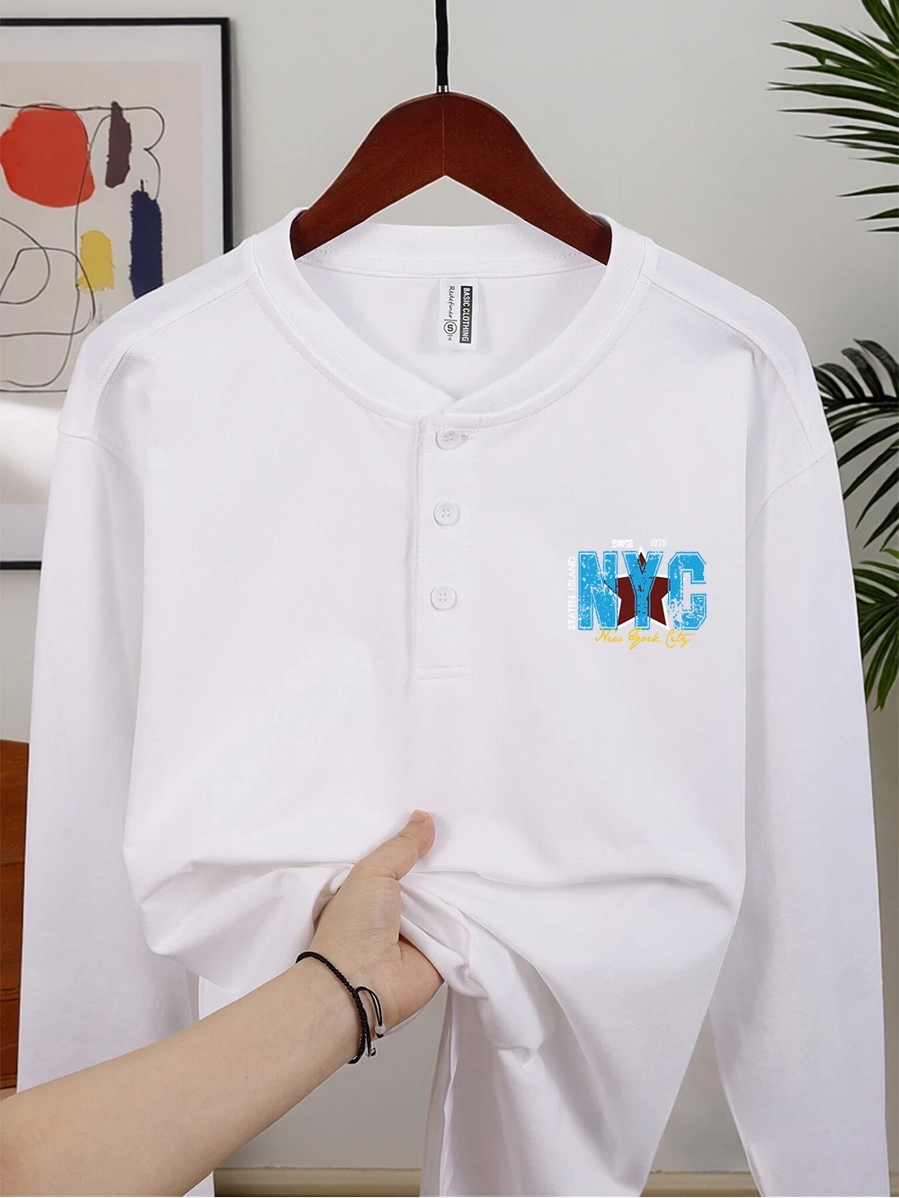 مدينة نيويورك جزيرة ستاتن يطبع الرجال هينلي قميص القطن الخريف الدافئة قميص طويل الأكمام تنفس القمم الملابس الأساسية #1