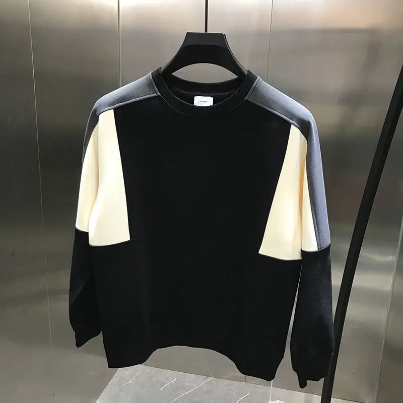 

Thickened Hoodie Winter New Korean Version Men's Versatile Round Neck Pullover Splicing Contrasting Color All Match Fashion Top