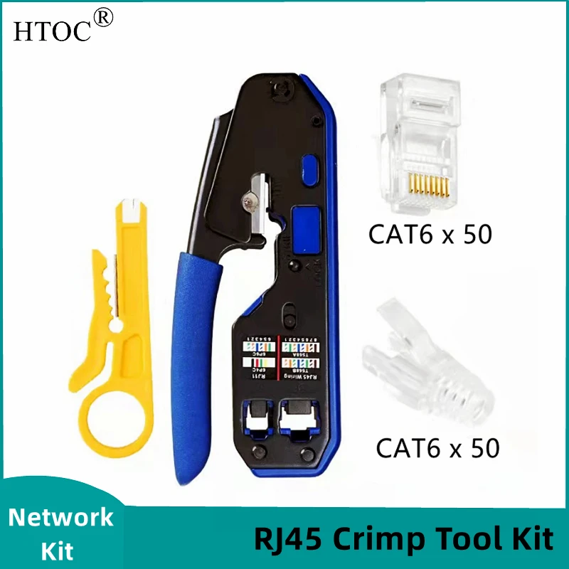 Htoc cat5 cat6 ferramenta de crimpagem conector cat6 com protetor de tensão botas pacote de (50/50) e kit de ferramentas crimper modular rj45 friso