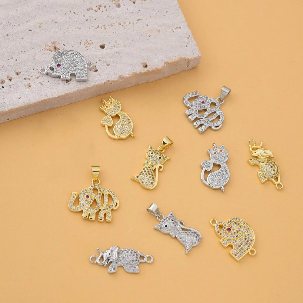 3Pcs Pave Inlay Zircon Copper Plated Pendant DIY Jewelry Accessories Bracelet Necklace Making Connector Cat Elephant Hollow Part