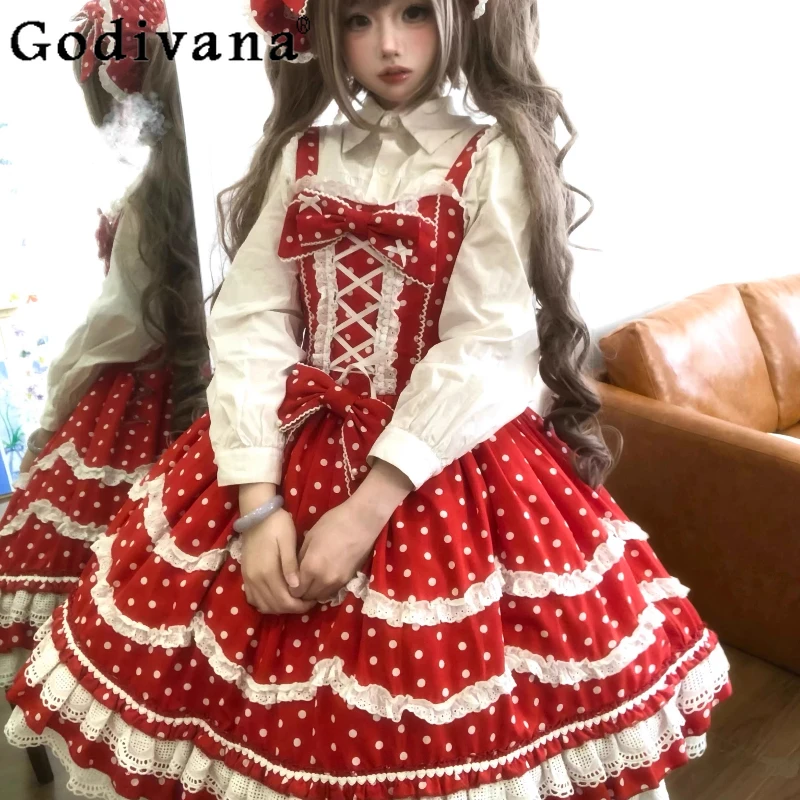 

Original Red Polka Dot Sweet Lolita Doll Sense Lolita Dresss Summer New Sweet Girls Retro Jsk Suspender Dresses Women Vestidos