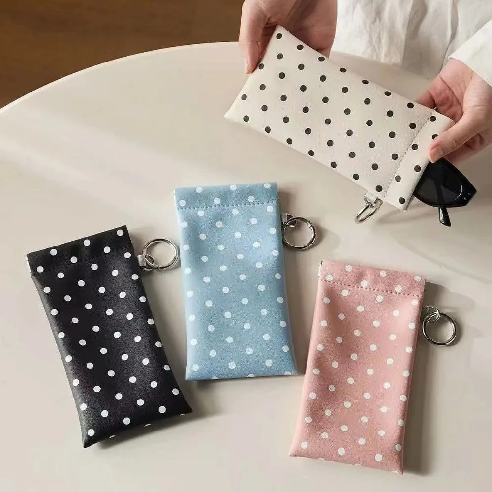 Polka Dot Eyeglass Pouch with Keychain Portable Scratch-Resistant Soft Glasses Case Storage Bag for Women Daily Use Travel