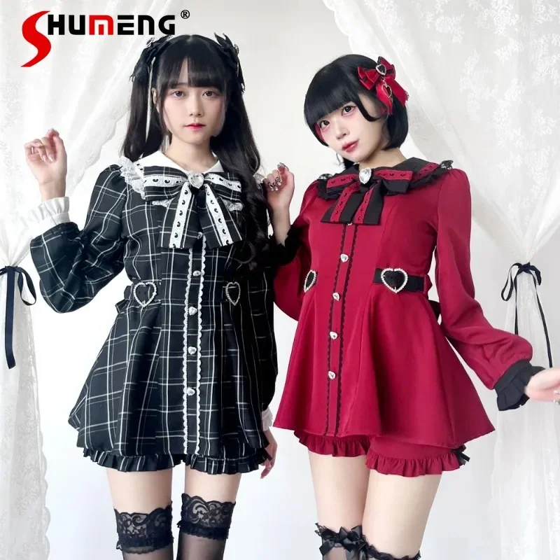 

New Autumn Japanese Mine Series Cute Sweet Heavy Industry Big Bow Lace Edge Thin Two-piece Set Long Sleeves Shirt Shorts Outfits