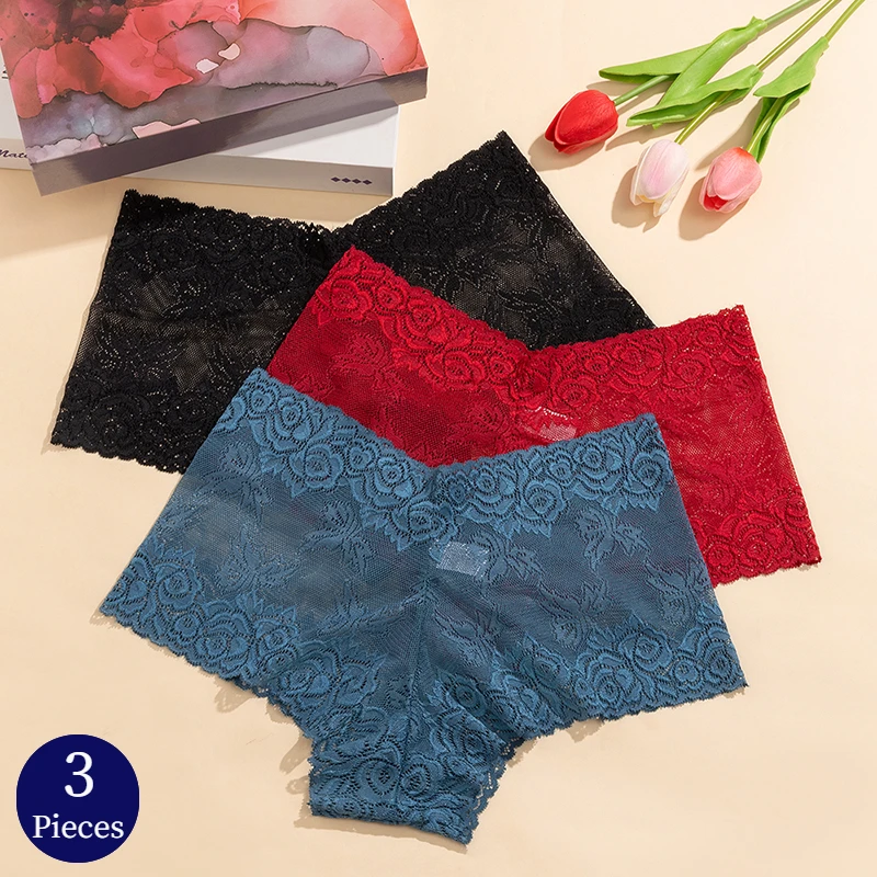 BZEL 3PCS/Set Women's Panties Hollow Out Sexy Lingerie Lace Women Boxers Soft Underwear Fashion Female Boyshorts Cozy Underpants