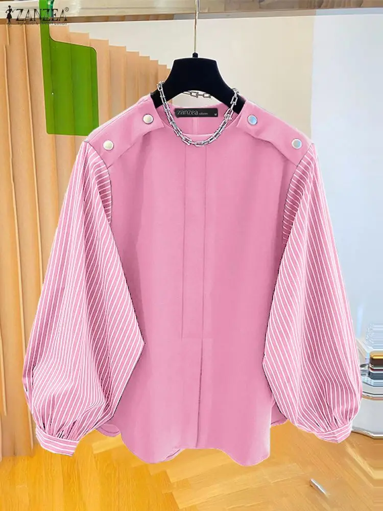 

ZANZEA Women Elegant Long Sleeve Office Blouse 2026 Autumn Spring Fashion Shirt Casual O Neck Tops Stripe Patchwork Blusas Femme