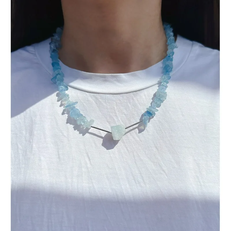 2025 New Arrival Autumn Winter Imported Natural Aquamarine Beaded Necklace Rock Sugar Square Earrings Jewelry Sets
