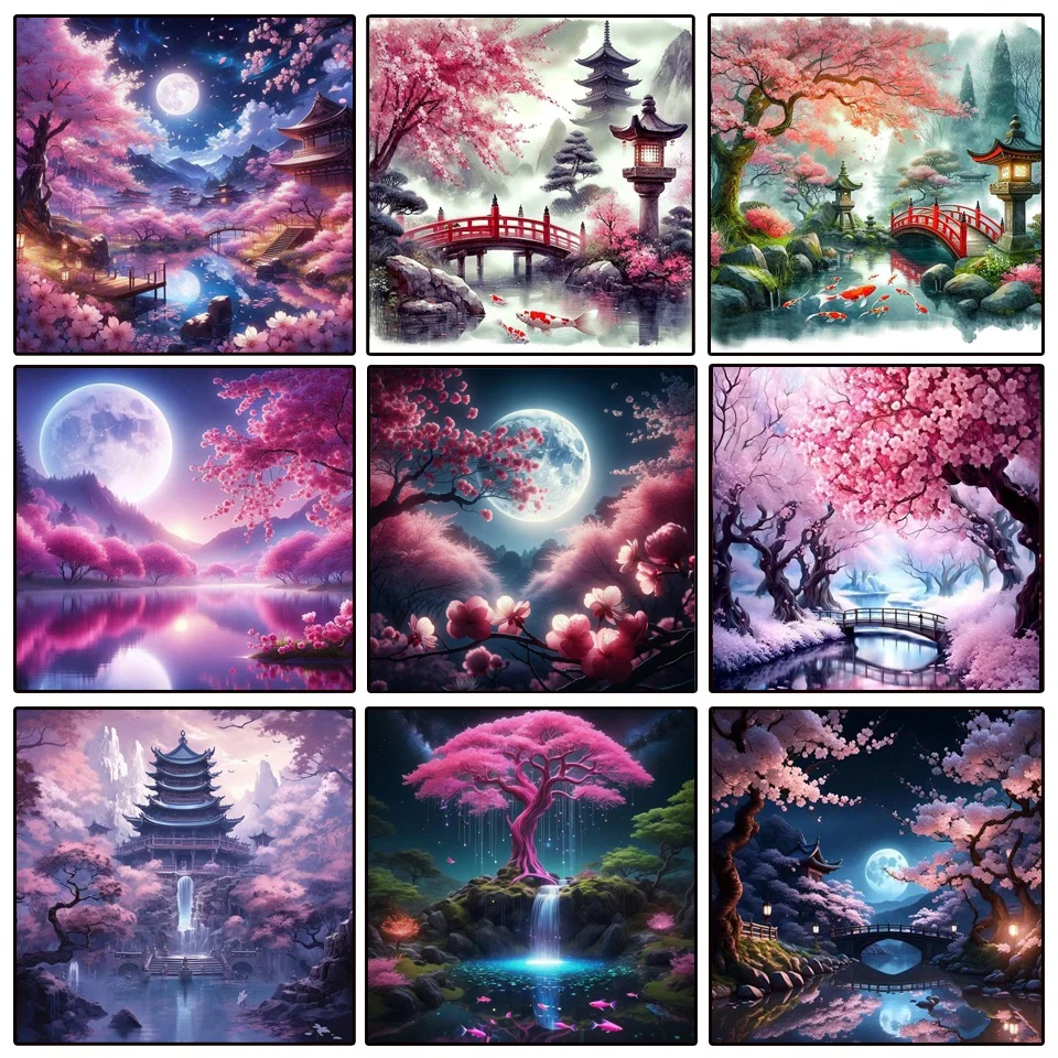 5D Elmas Boyama Sanatı Tam Matkaplar Mozaik Japon Kiraz Çiçekleri Manzara Elmas Nakış Ay Göl Taklidi Ev Dekor