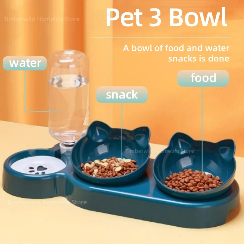 Triple Pet Bowl With Water Feeder 3 In 1 Design Tilted Cat Water Food Bowl With Gravity Water Bottle For Neck Protection Cat Dog
