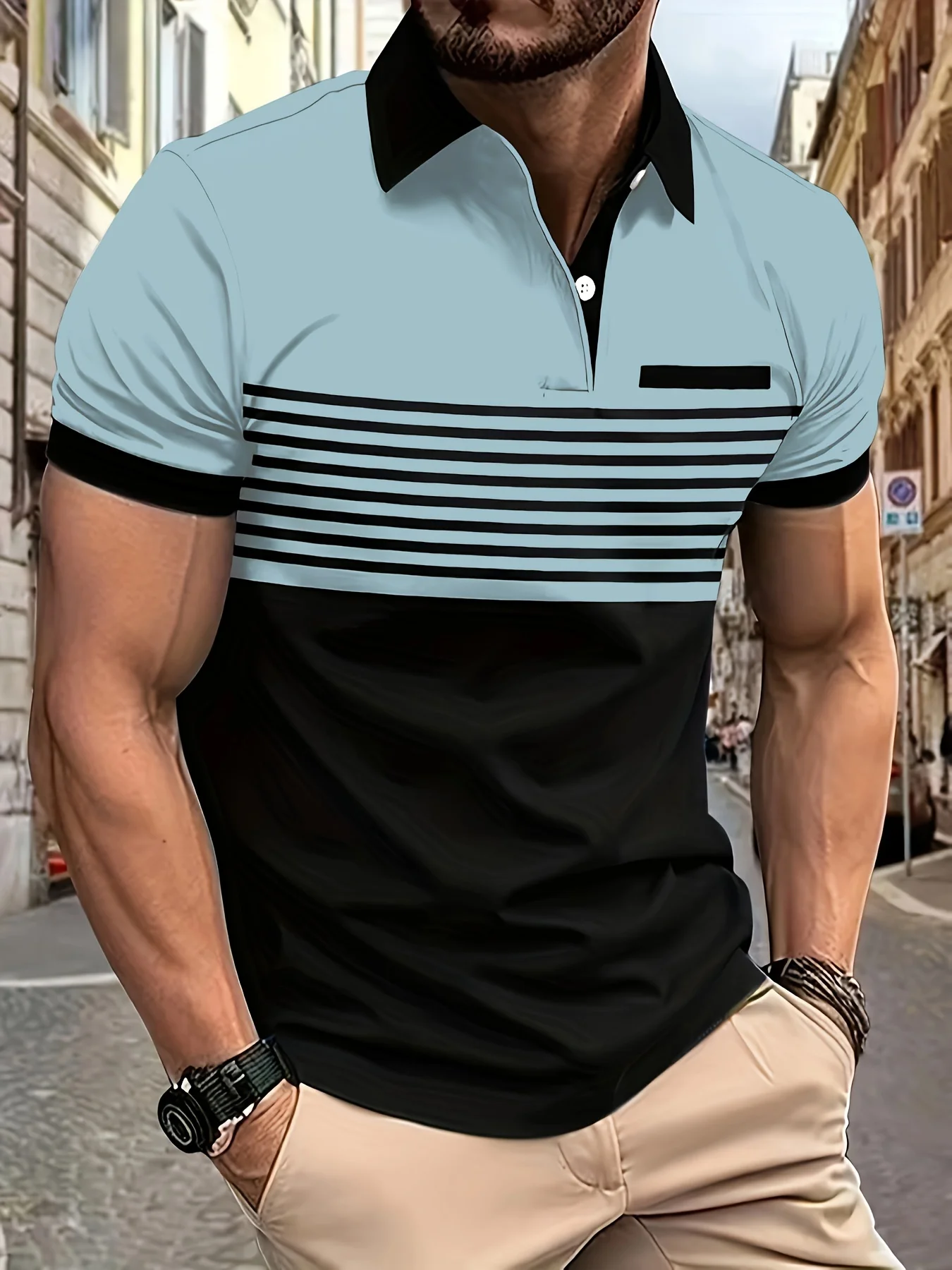 Men\'s Contrast Color Stripe Pattern Polo Fashion Short Sleeve Button Polo Shirt Casual Trendy Tops For Summer Golf Daily Wear