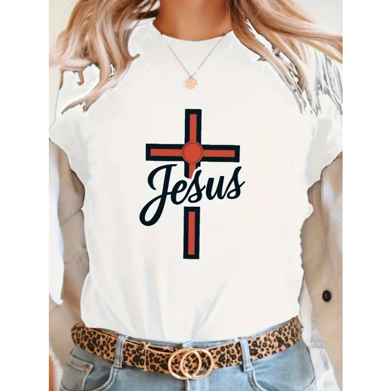 

Cross letter printed pattern T-shirt round neck short sleeved casual fashion T-shirt versatile women's daily T-shirt
