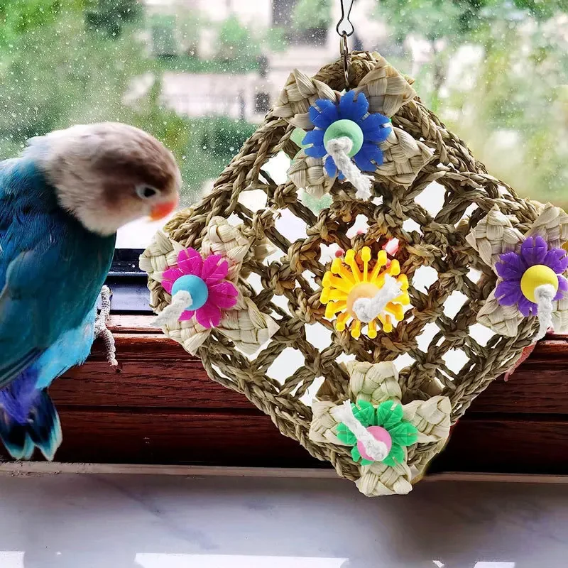 Bird Climbing Net Parrot Toys Woven Seagrass Biting Hanging Hemp Rope Swing Play Ladder Chew Foraging Funny Colorful Parrot Toys