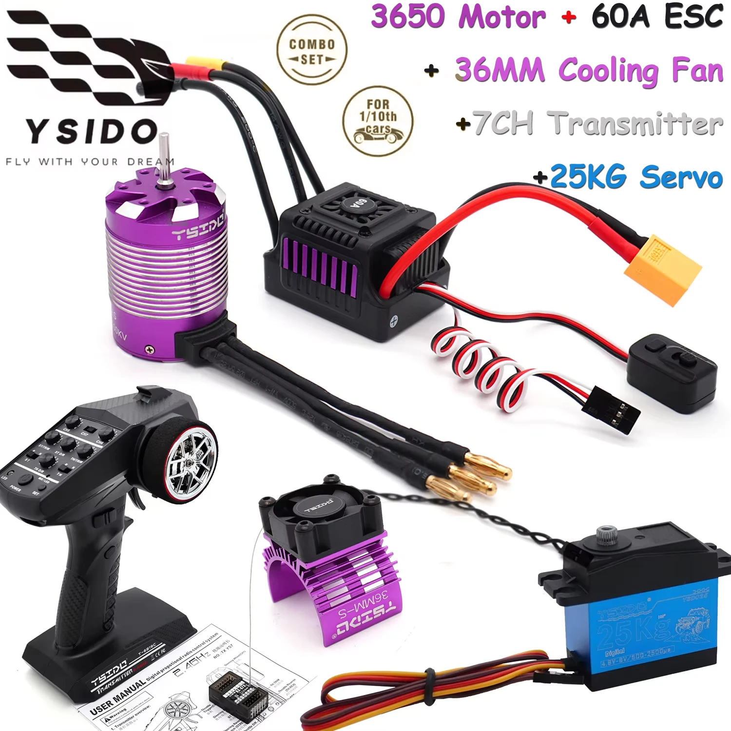 YSIDO 3650 Motor 60A ESC Transmitter 25KG Servo 36MM Fan Brushless Power Combo for 1:8 1:10 WLtoys HSP Tamiya Traxxas GTR RC Car