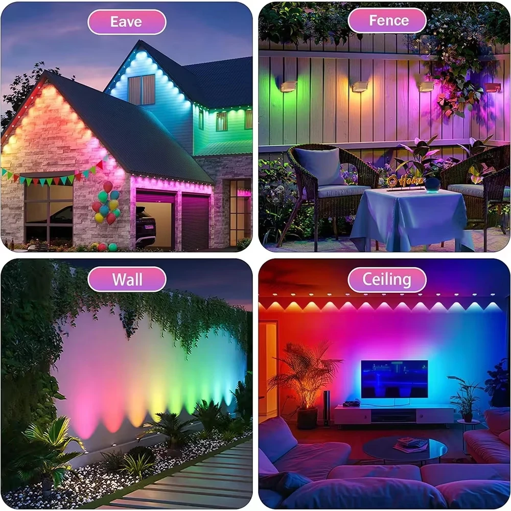 30M RGB Eaves LED Lights Inteligentne trwałe światła zewnętrzne Sznurkowa aplikacja Bluetooth świąteczne lampki świąteczne Pełna impreza w domu