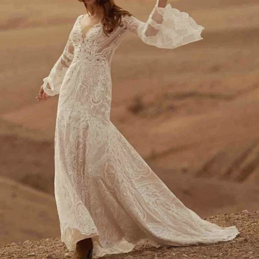 مضيئة الأكمام الجلباب العميق الخامس الرقبة عارية الذراعين زي العرائس بوهيميا فساتين الزفاف زي العرائس الأنيقة تخصيص 2025