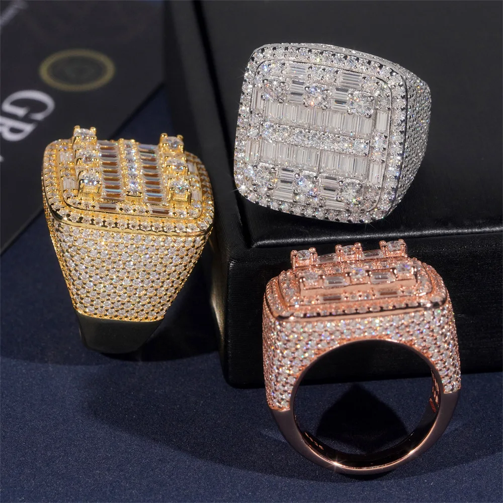 Iced Out Baguette Moissanite Square Ring 925 Sterling Silver Full Pave Hip Hop Bling Statement Ring for Men Women Halloween Birthday Holiday Party Gift Jewelry