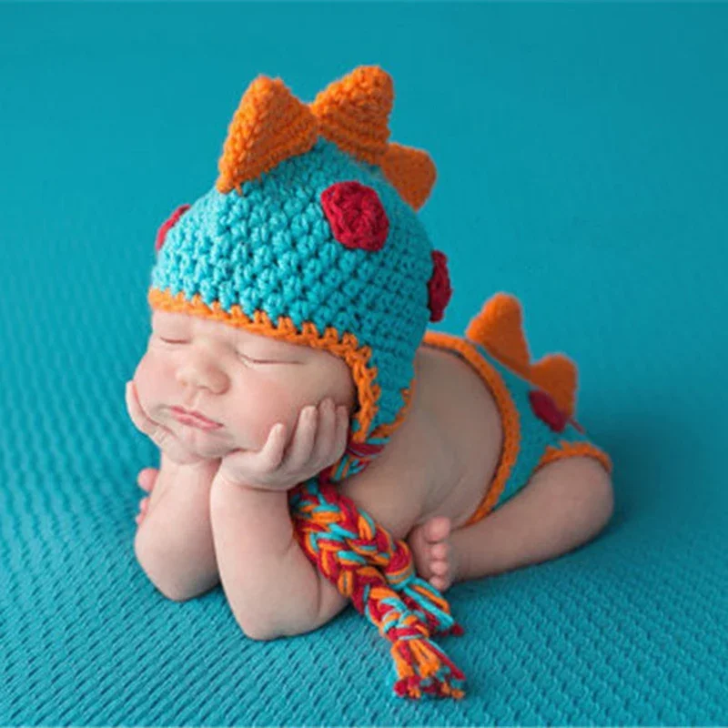 Newborn Baby Photography Props Babies Boys Dinosaur Photo Shoot Accessories New Bebe Handmade Costume New Infant Knitted Clothes