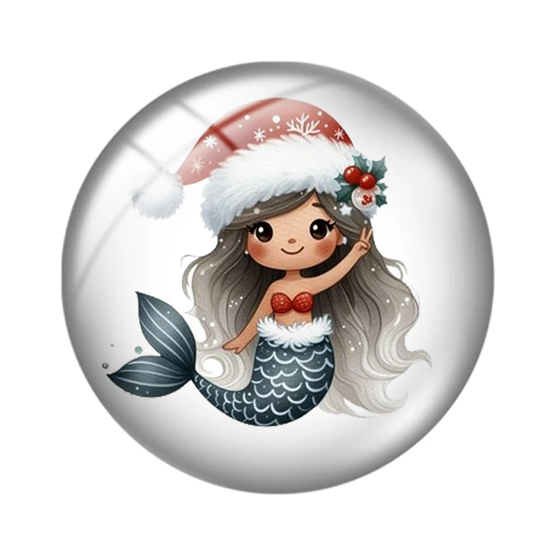 Christmas Mermaid Glass Cabochon para produção de jóias, Flat Backmaking Descobertas, Foto Redonda, 12mm, 25mm, 30mm