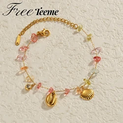 Freeteeme 18K Gold Plated Colored Crushed Stone Shell Rhinestone Women Bracelet Versatile Stainless Steel Chain Beach Jewelry
