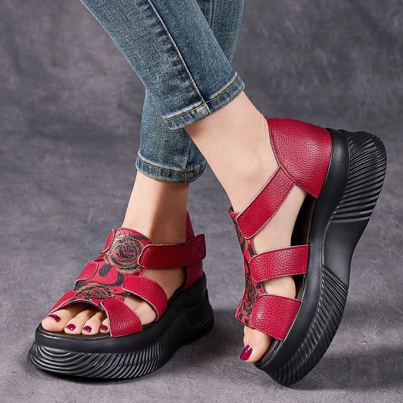 6cm Cow Genuine Leather Flats Mary Jane Elthnic Platform Wedge Peep Toe Comfy Hook Shoes Fashion Pumps Chunky Heels Women view 3