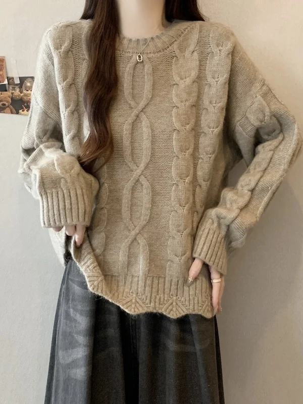 

plus Size Fashionable Long Sleeve Knitted Sweater Autumn Winter Loose Slimming Asymmetrical Versatile Knitwear for Women