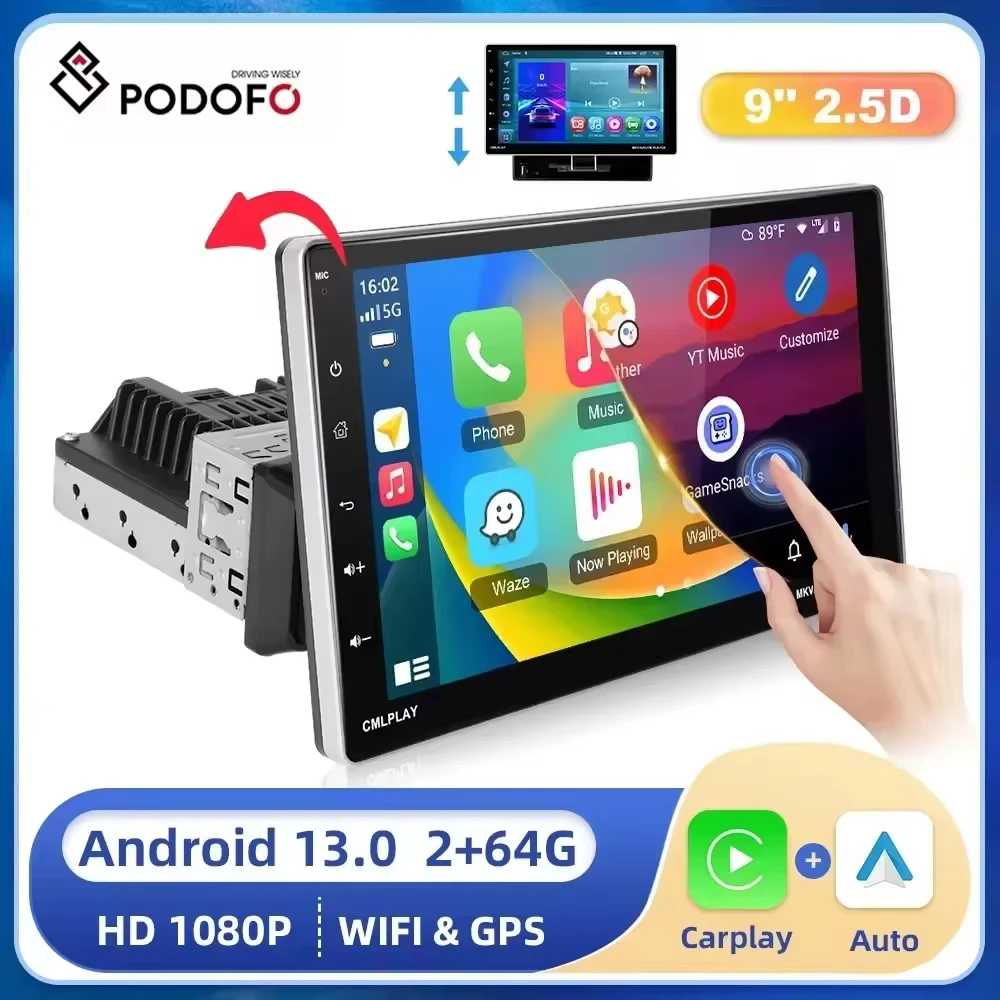 Podofo Car Stereo Radio 9'' 1din Android 13 Carplay Android auto Car Multimedia Player Bluetooth WIFI FM Radio For Universal